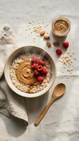 Oatmeal bowl topped with almond butter swirl, fresh raspberries, and scattered almonds with oats on neutral linen background. Healthy breakfast.