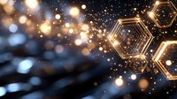 Glowing golden hexagonal shapes with sparkles and bokeh effects on dark background create magical atmosphere for festive designs and celebrations.