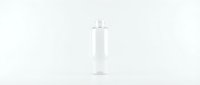 Clear glass bottle with white pump dispenser isolated on white background for cosmetic product packaging and skincare branding design.