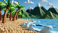 Paper craft tropical beach scene with palm trees, mountains and ocean waves. Handmade origami style landscape for creative projects and decorations.