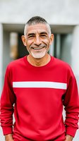 Middle-aged Hispanic man with gray hair and beard wearing red sweatshirt with white stripe smiling genuinely at camera, expressing joy and confidence in casual outdoor setting.
