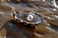 Single pearl in opened oyster shell floating on reflective water surface with dramatic lighting and rich brown tones, luxury jewelry concept.