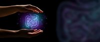 Hands protecting glowing digestive system illustration with intestines and stomach for healthcare and medical wellness concepts.