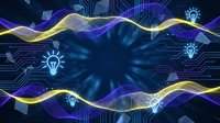 Digital technology background with glowing lightbulb icons and flowing energy waves on circuit board pattern for innovation and artificial intelligence concepts.