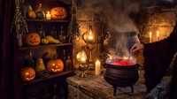Witch's cauldron with glowing potion, carved pumpkins, candles, and mystical decorations in dark spooky setting for Halloween themes and seasonal marketing.