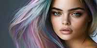 Young woman with multicolored pastel hair in pink and blue tones, natural makeup, and expressive blue eyes against dark background, beauty portrait in soft lighting.