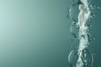Human figure surrounded by flowing water splash and glass rings on teal background, symbolizing purity, wellness, and hydration concepts.