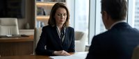 Professional businesswoman in dark suit conducting serious meeting with male colleague in modern office environment for corporate communications.