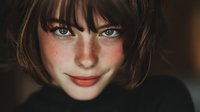 Young woman with freckles, bright blue eyes and short brown hair with bangs in dark clothing against blurred background. Close-up portrait with natural lighting.