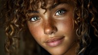 Young mixed-race woman with curly hair and freckles looking up with bright blue eyes in natural lighting portrait for beauty and lifestyle content.