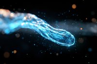 Glowing blue energy stream with light particles flowing through dark space, creating dynamic motion effect with bokeh elements and luminous trail.
