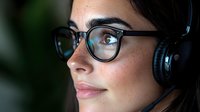 Young Hispanic woman wearing glasses and wireless headphones smiles while working from home, side profile view against blurred green background.