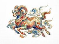 Ornate ram with swirling flames and clouds in traditional Asian art style, isolated on transparent background. Great for t-shirt design, stickers, clipart, and print on demand.