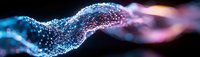 Glowing digital wave made of connected dots and lines with blue and pink gradient colors against dark background, abstract technology concept.