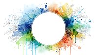Colorful watercolor splash frame with floral ornaments and decorative swirls creating vibrant rainbow border with white circle space for text or logo design.