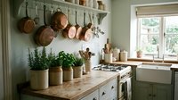 Rustic farmhouse kitchen interior with hanging copper pots, herb plants in ceramic containers, wooden countertops and vintage white cabinets creating cozy cooking space.