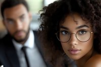 Young African American businesswoman wearing round glasses with natural curly hair in professional office setting, male colleague in background, soft focus portrait.