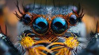 Extreme macro close-up of colorful jumping spider face showing bright blue eyes, orange fur, and detailed features for nature photography and educational content.
