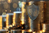 Metal shield on stack of golden coins with blurred bokeh background representing financial security and investment protection concept for banking services.