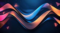 Vibrant abstract waves in pink, blue, and orange colors flowing across dark cosmic background with geometric triangular elements.