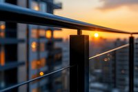 Modern balcony railing with metal posts and cables against warm sunset sky and blurred city buildings with glowing windows in background.