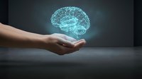 Digital brain hologram floating above open palm representing artificial intelligence, machine learning, and cognitive technology innovation.