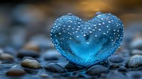 Heart-shaped water droplet with condensation on blue tinted glass against dark pebble background creates romantic mood for valentines and love concepts.