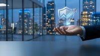 Businessman in suit holding glowing shield icon with upward arrows above city skyline at night, representing data security, protection, and business growth in corporate environment.