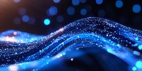 Glowing blue wave of particles with bokeh lights on dark background creates futuristic digital flow effect, suitable for technology and innovation concepts.
