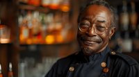 Smiling senior African American chef with glasses in restaurant kitchen, warm bar background with bottles visible.