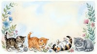 Four adorable kittens playing with yarn balls in watercolor floral frame with delicate botanical border elements for nursery and pet-themed designs.