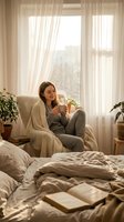 Young woman relaxing in cozy bedroom armchair with morning coffee, soft natural light through curtains creating peaceful atmosphere for wellness content.