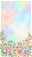 Watercolor floral card with pastel roses, peonies, and hydrangeas on a rainbow gradient background framed in gold, with copy space.