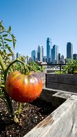 Ripe red tomato growing in urban rooftop garden with city skyline in background, showcasing sustainable farming and local food production in metropolitan area.