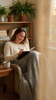Young Caucasian woman reading book in cozy armchair with blanket and coffee cup in warm sunlit living room with plants for relaxation and leisure lifestyle.