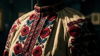 Traditional Ukrainian embroidered shirt with vibrant red floral patterns on cream fabric showcasing authentic folk art craftsmanship and cultural heritage.