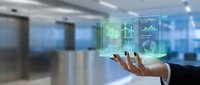 Businessman hand presenting holographic renewable energy icons in modern office environment for sustainable technology and green business solutions.