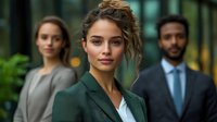 Young professional woman in green blazer leads diverse business team, standing confidently in modern office building with glass walls and natural light background.