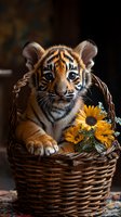 Adorable tiger cub sitting in woven basket with bright sunflowers against dark background, showcasing innocent expression and striped orange fur pattern.