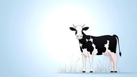 Black and white spotted dairy cow standing in grass against soft blue sky with glowing sun, minimalist farm animal illustration in gentle pastel colors.