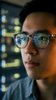 Young Asian male programmer wearing glasses with code reflection working late night in modern office with city lights background for technology projects.
