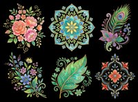 Six colorful floral and ornamental clipart elements isolated on transparent background, ready for stickers, t-shirt design, sublimation, and print on demand use.