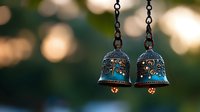 Decorative metal bells hanging on chains with intricate cutout patterns creating warm glowing light effects against soft bokeh background for festive decor.