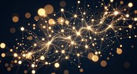 Abstract network connections with glowing nodes and golden bokeh lights on dark background for technology and communication concepts.