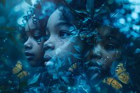Multiple exposure portrait of African American woman's face blended with blue night forest scene and golden butterflies, creating dreamy atmospheric artwork.