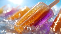 Vibrant orange and purple popsicle with sparkling water droplets and bokeh effect in sunlight, refreshing frozen treat on wooden stick, macro photography.