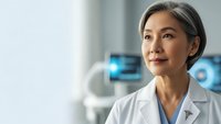 Asian female doctor in white coat looking upward thoughtfully in modern medical facility with digital screens and advanced healthcare technology equipment.