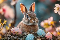 Adorable brown bunny sitting in nest with decorated Easter eggs surrounded by spring cherry blossoms. Soft bokeh background creates magical holiday atmosphere.