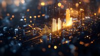 Glowing cityscape with illuminated skyscrapers and bridge at night, aerial tilt-shift view with bokeh effect creating miniature appearance. For urban design projects.