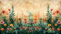 Watercolor garden scene with red and orange poppies against turquoise foliage on sepia background, creating dreamy floral landscape for wall art and textile design.